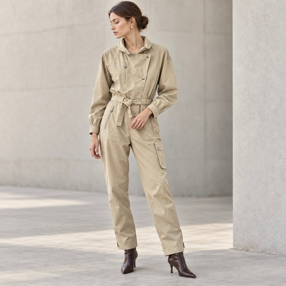 Vintage 80s Schöffel Womens 38 Khaki Utility Jumpsuit Belted Safari Ski Suit